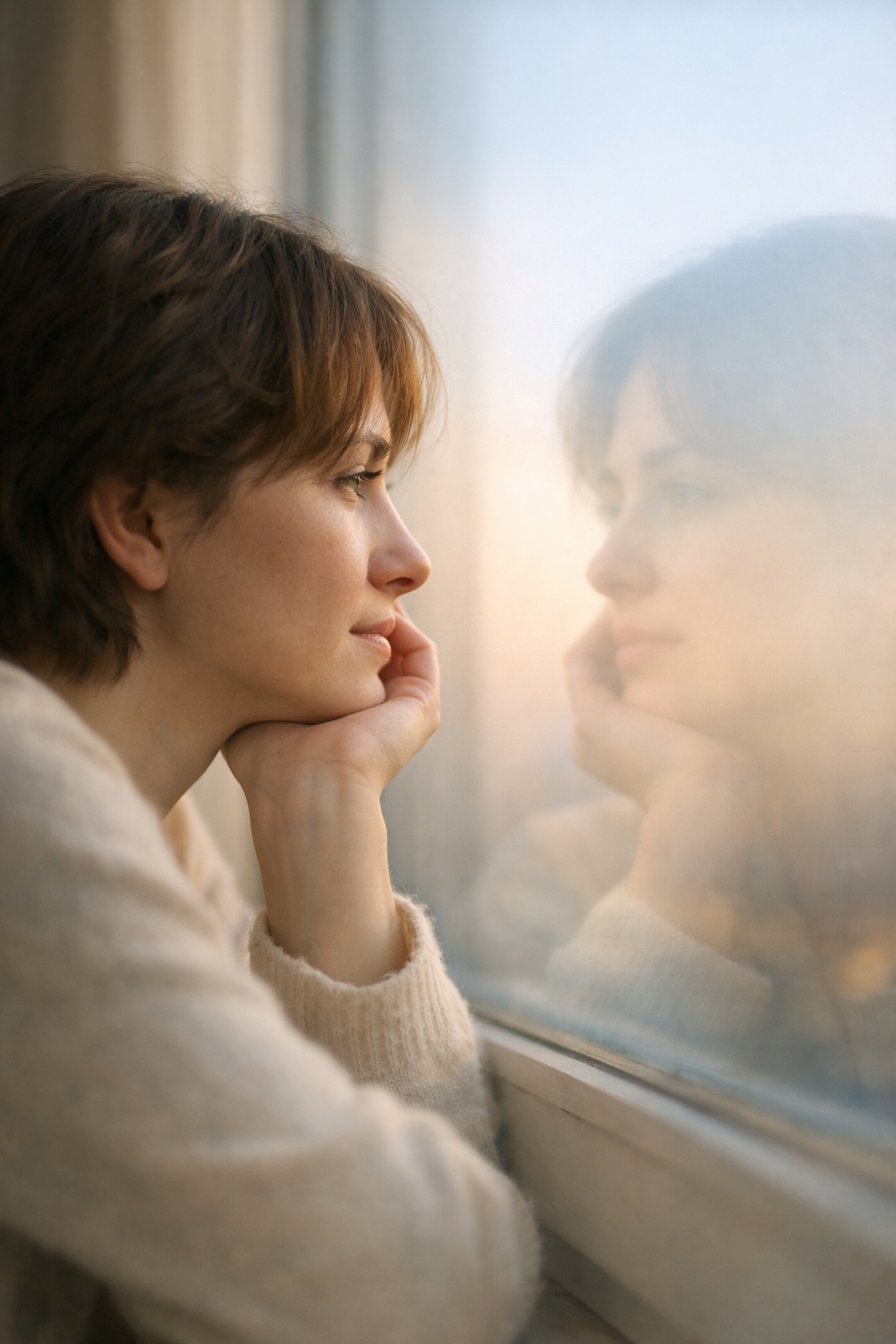Person recognizing their reflection in soft light